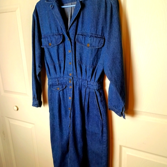 Vintage Eileen West Denim Dress 10 M Long Sleeve Pockets 80s 90s Heavy - Picture 2 of 7